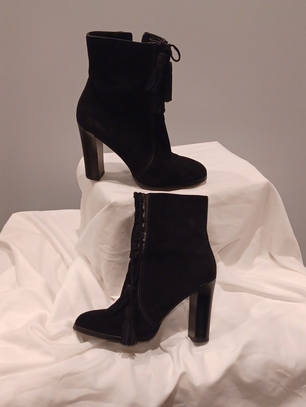 Michael Kors Collection Black Suede Tassel High-Heel Ankle Boots
